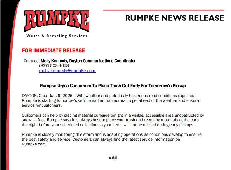 Rumpke weather schedule for Jan 10 2025